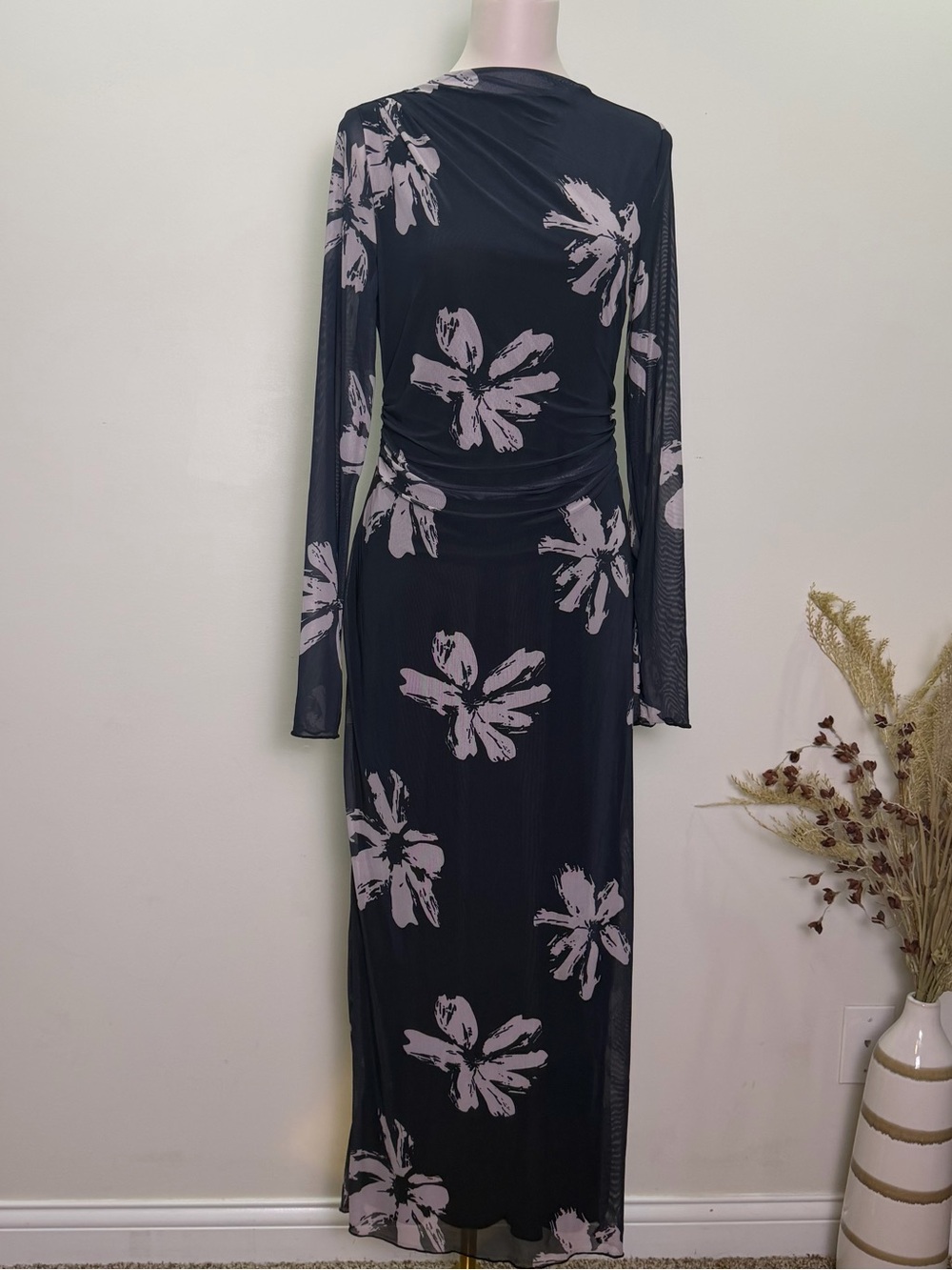 Long Sleeve Black Mesh Floral Maxi Dress with Grey Blooms Size Large